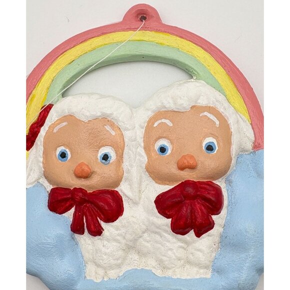 Vintage Baby Lambs Christmas Ornament Sitting Clouds Under Rainbow Hand Painted - Picture 5 of 6